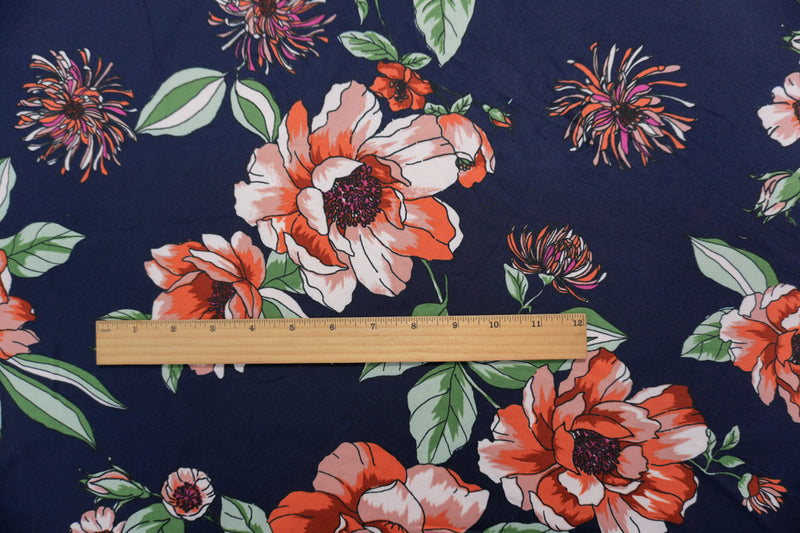 Deep Navy-Orange Poly Floral Double Brushed Jersey Knit Fabric