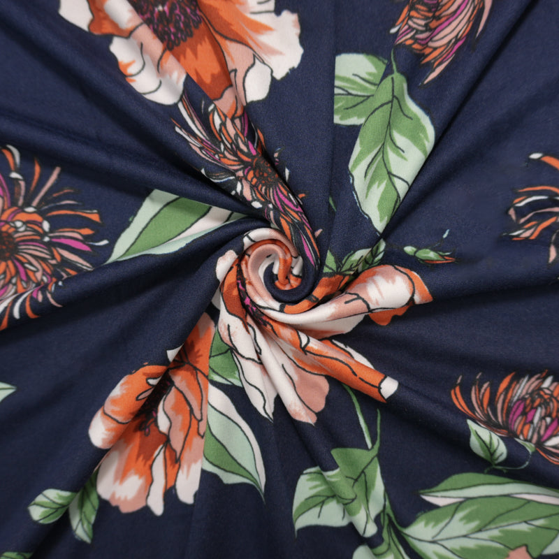 Deep Navy-Orange Poly Floral Double Brushed Jersey Knit Fabric