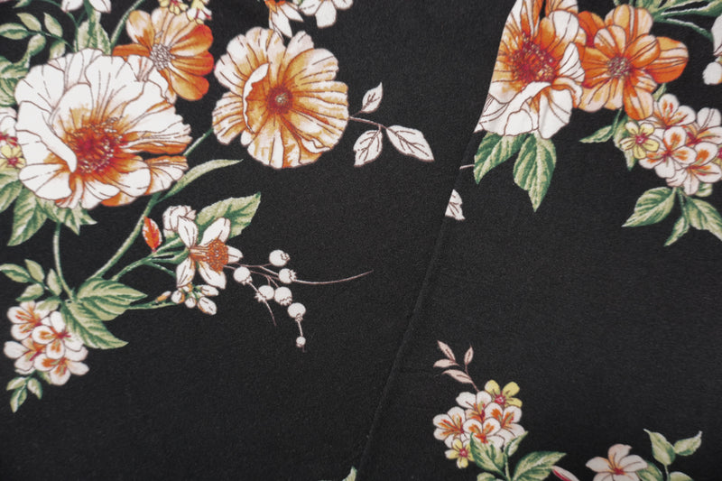 Black-Orange-Multi Poly Floral Double Brushed Jersey Knit Fabric