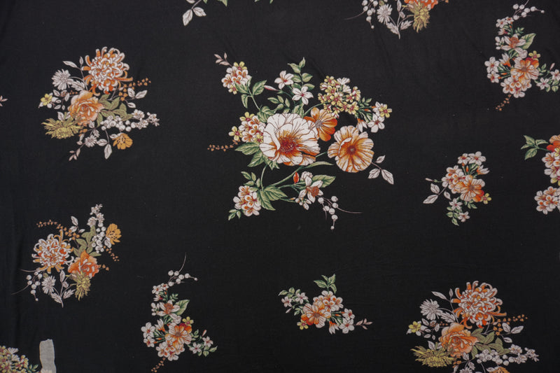 Black-Orange-Multi Poly Floral Double Brushed Jersey Knit Fabric