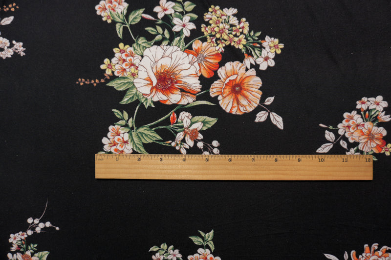 Black-Orange-Multi Poly Floral Double Brushed Jersey Knit Fabric