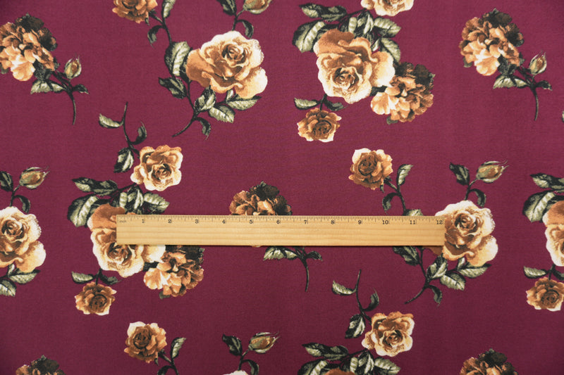 Burgundy Red-Multi Poly Floral Double Brushed Jersey Knit Fabric