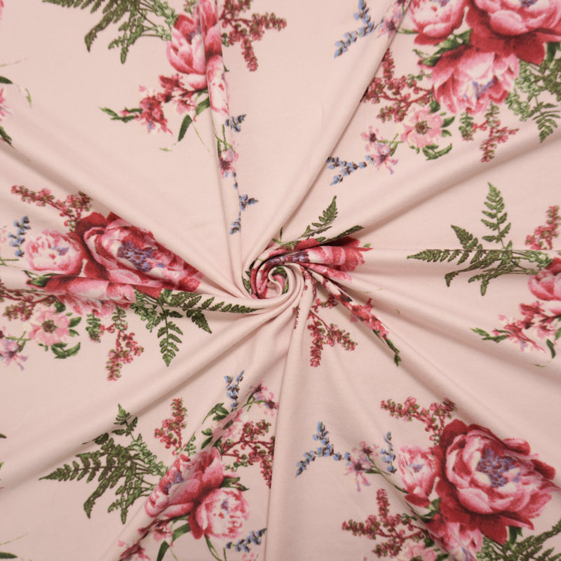 Pink-Red-Multi Poly Floral Double Brushed Jersey Knit Fabric