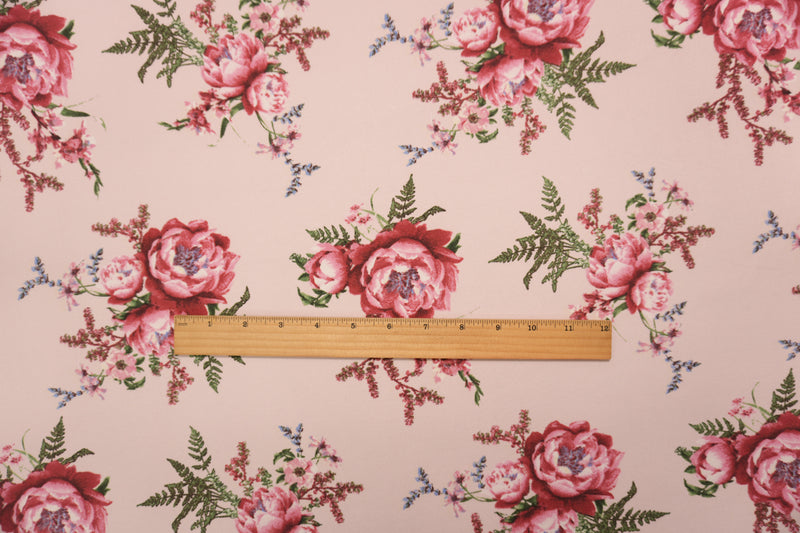 Pink-Red-Multi Poly Floral Double Brushed Jersey Knit Fabric