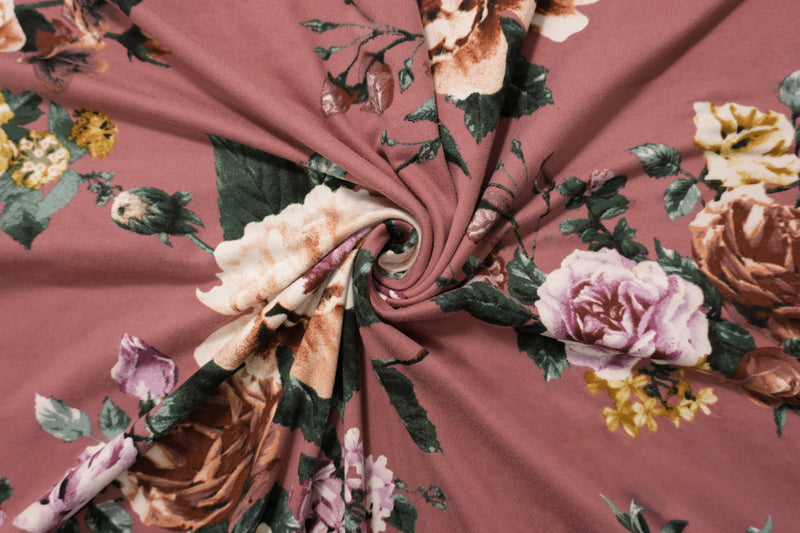 Pink-Brown-Multi Poly Floral Double Brushed Jersey Knit Fabric