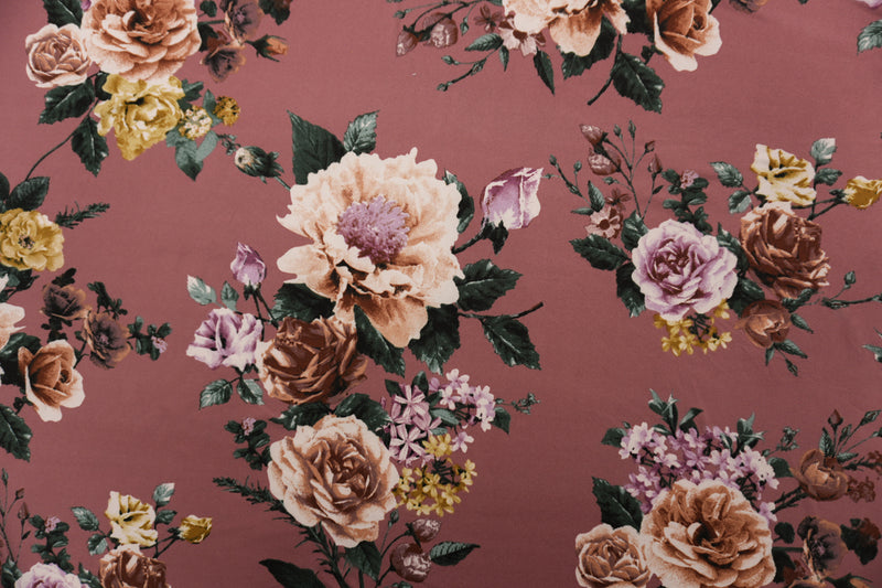 Pink-Brown-Multi Poly Floral Double Brushed Jersey Knit Fabric