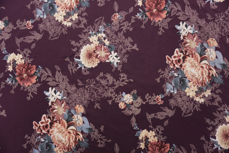 Deep Burgundy-Multi Poly Floral Double Brushed Jersey Knit Fabric