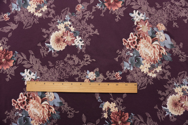 Deep Burgundy-Multi Poly Floral Double Brushed Jersey Knit Fabric
