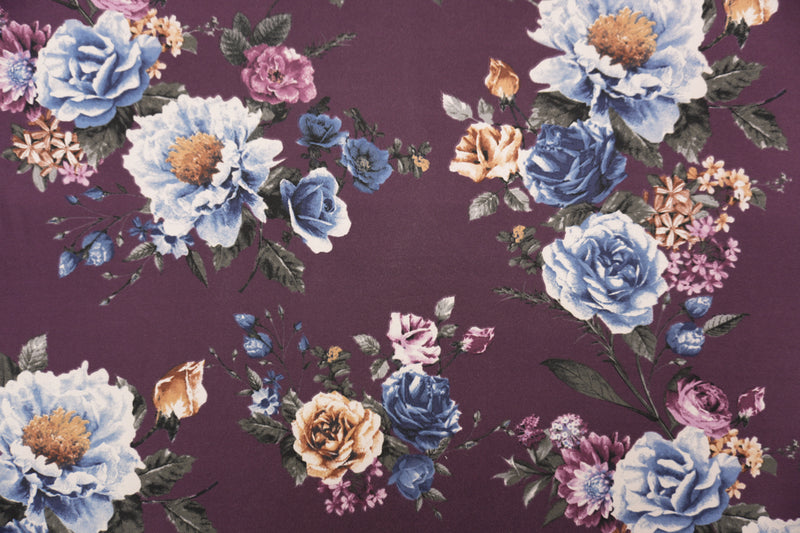 Deep Purple Poly Spandex Floral Printed Double Brushed Jersey Knit Fabric