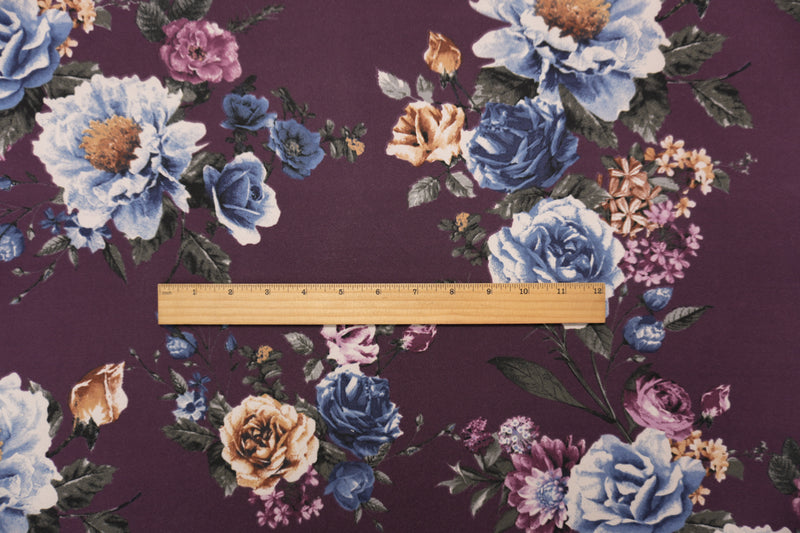 Deep Purple Poly Spandex Floral Printed Double Brushed Jersey Knit Fabric