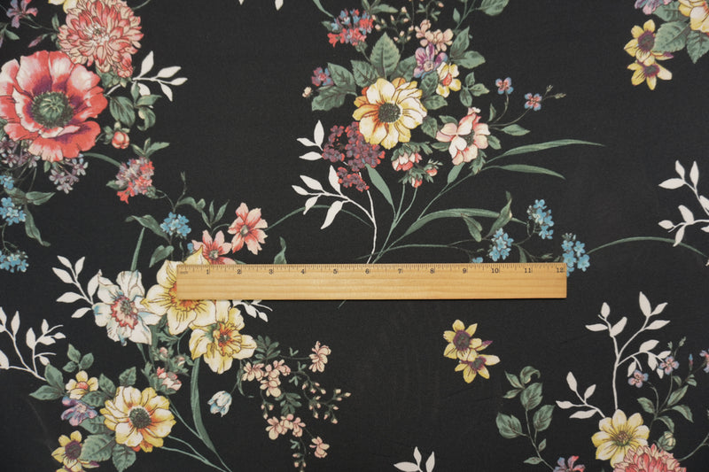 Black-Blue-Coral Poly Floral Double Brushed Jersey Knit Fabric