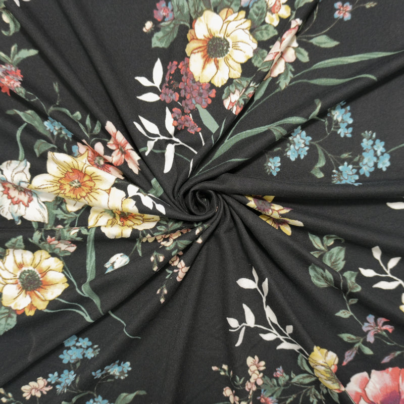 Black-Blue-Coral Poly Floral Double Brushed Jersey Knit Fabric