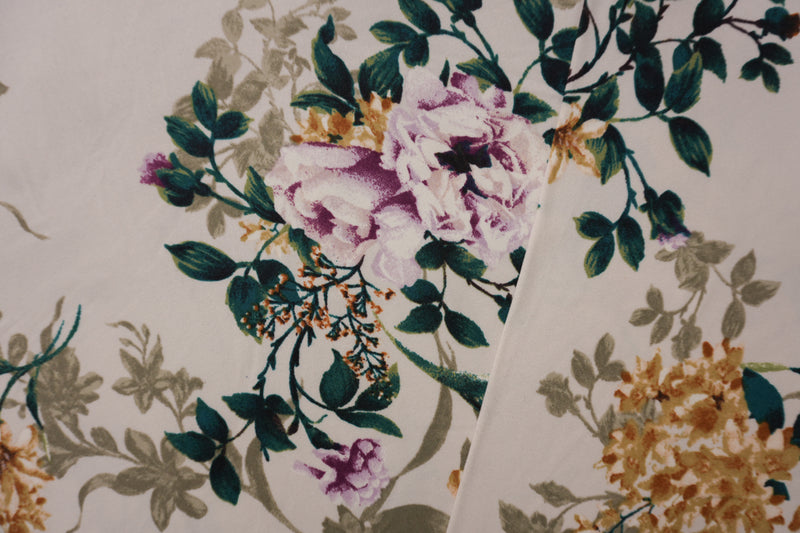 Ivory-Purple-Multi Poly Floral Double Brushed Jersey Knit Fabric