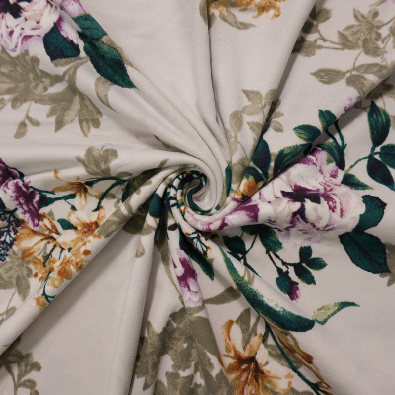 Ivory-Purple-Multi Poly Floral Double Brushed Jersey Knit Fabric