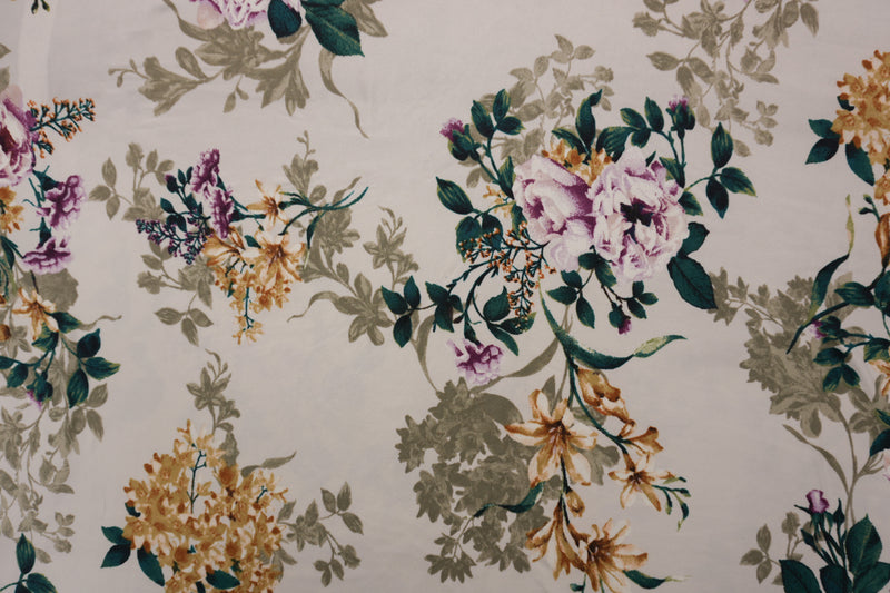 Ivory-Purple-Multi Poly Floral Double Brushed Jersey Knit Fabric