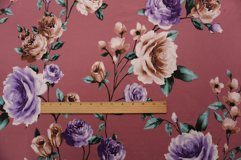 Pink-Purple-Multi Poly Floral Double Brushed Jersey Knit Fabric