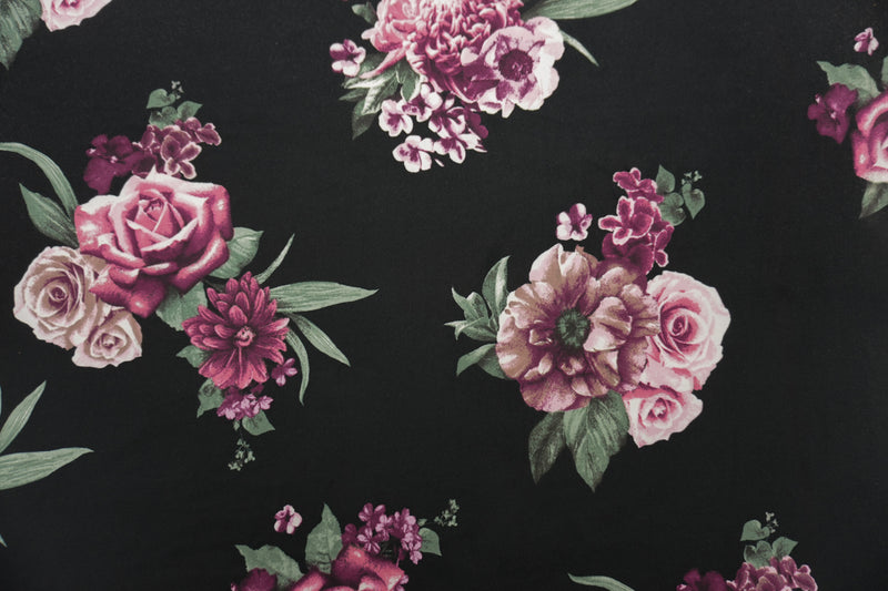 Black-Pink-Multi Poly Floral Double Brushed Jersey Knit Fabric
