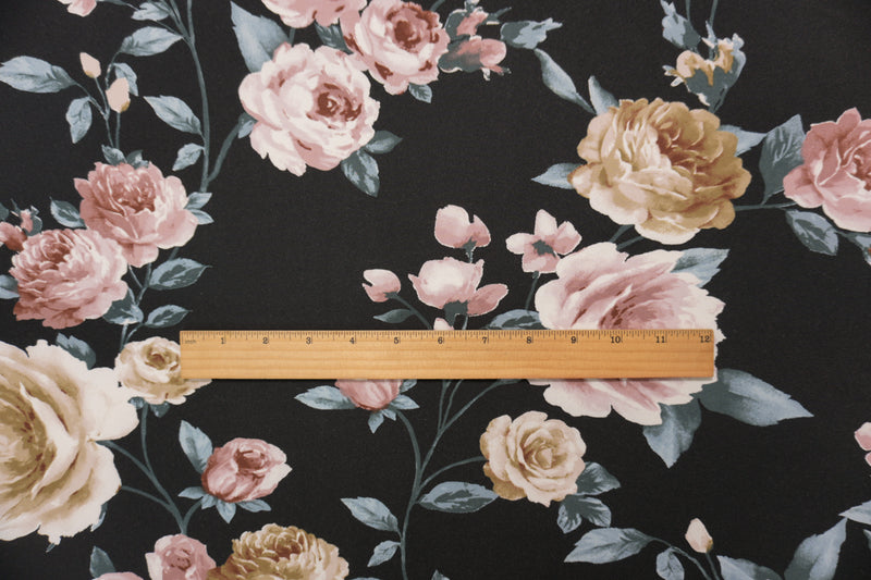 Black-Brown-Blue Poly Floral Double Brushed Jersey Knit Fabric