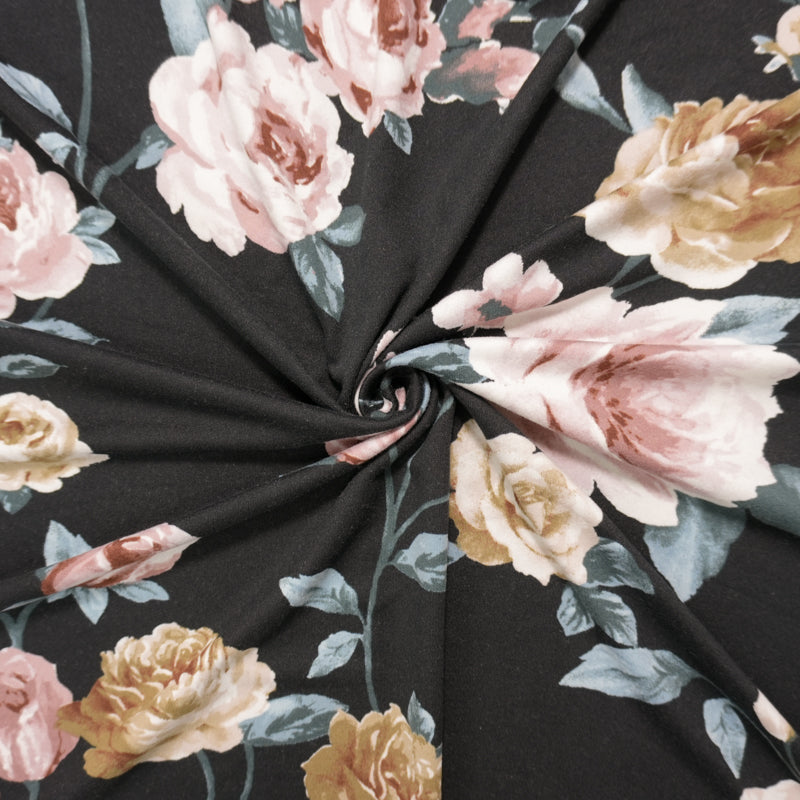 Black-Brown-Blue Poly Floral Double Brushed Jersey Knit Fabric
