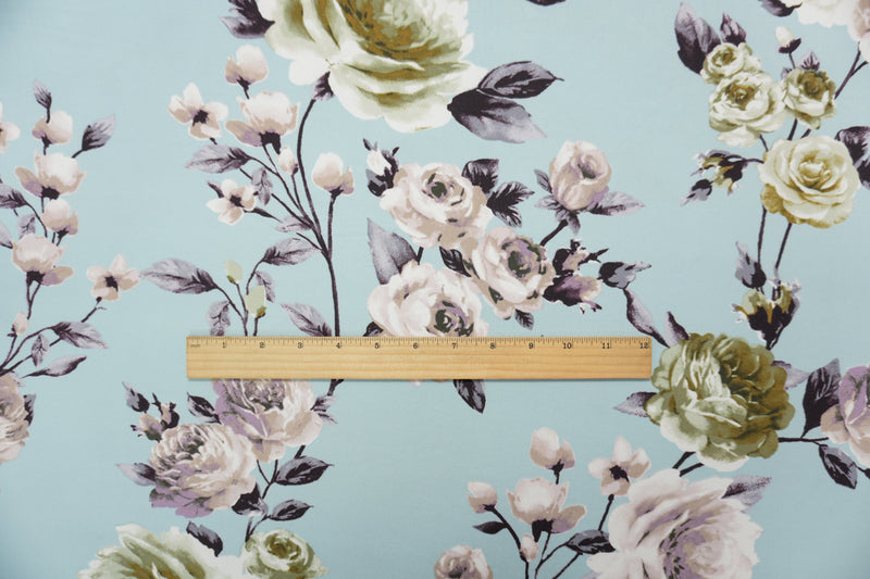 Blue-Multi Poly Floral Printed Double Brushed Jersey Knit Fabric