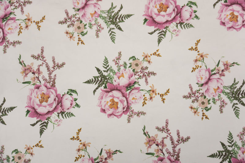 Ivory-Green-Pink Poly Floral Double Brushed Jersey Knit Fabric
