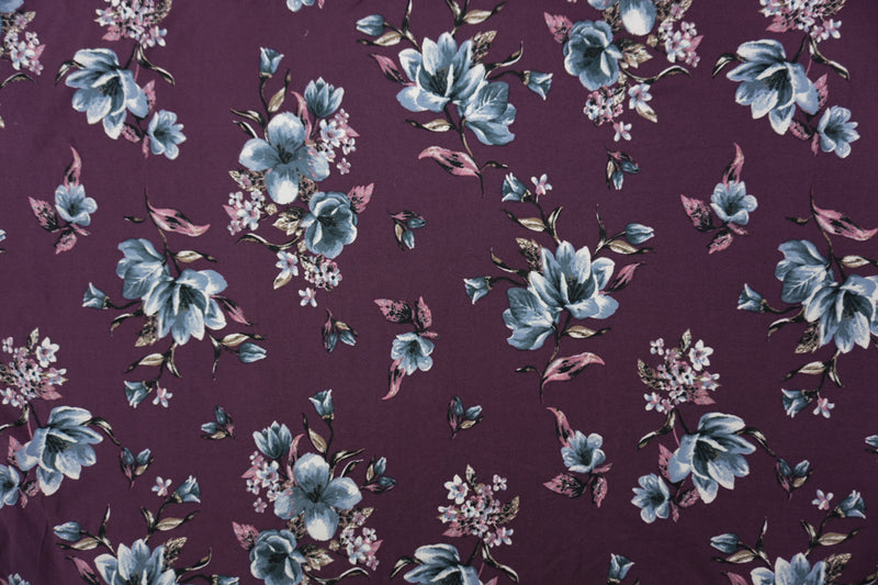 Purple-Blue-Multi Poly Floral Double Brushed Jersey Knit Fabric