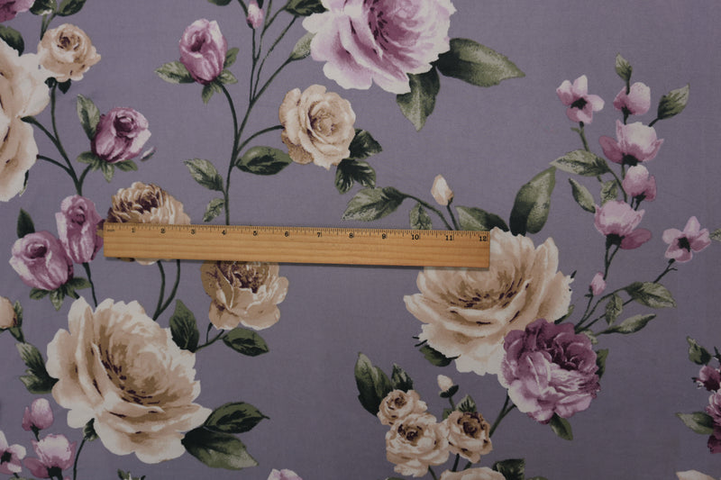 Purple-Beige-Multi Poly Spandex Floral Printed Double Brushed Jersey Knit Fabric