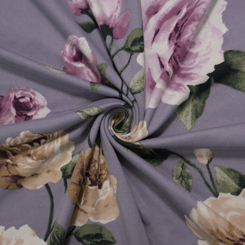 Purple-Beige-Multi Poly Spandex Floral Printed Double Brushed Jersey Knit Fabric