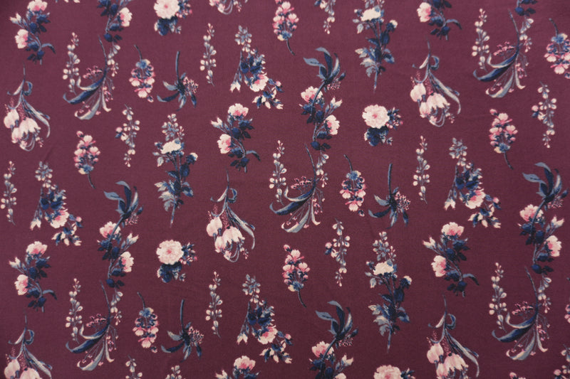 Burgundy Purple-Multi Poly Floral Double Brushed Jersey Knit Fabric