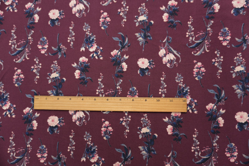 Burgundy Purple-Multi Poly Floral Double Brushed Jersey Knit Fabric