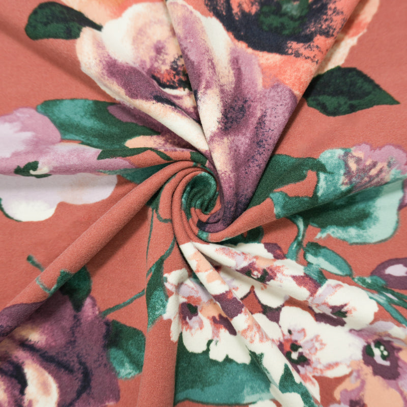 Apricot-Purple-Multi Poly Floral Double Brush Jersey Knit Fabric