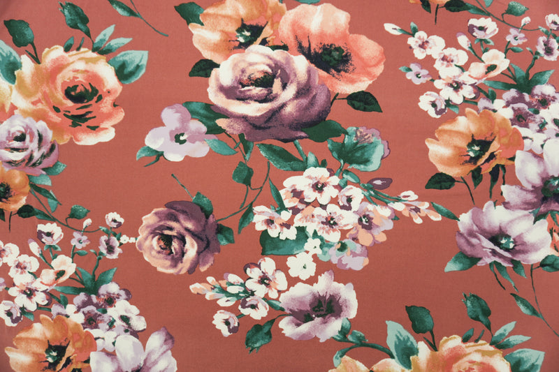 Apricot-Purple-Multi Poly Floral Double Brush Jersey Knit Fabric