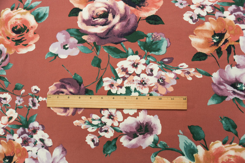 Apricot-Purple-Multi Poly Floral Double Brush Jersey Knit Fabric