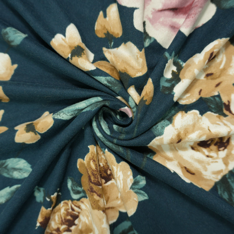Deep Teal-Multi Poly Floral Double Brushed Jersey Knit Fabric