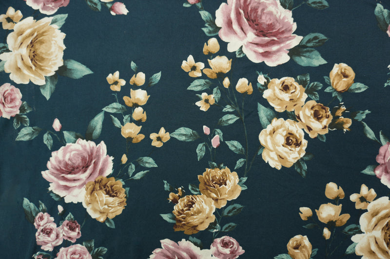 Deep Teal-Multi Poly Floral Double Brushed Jersey Knit Fabric