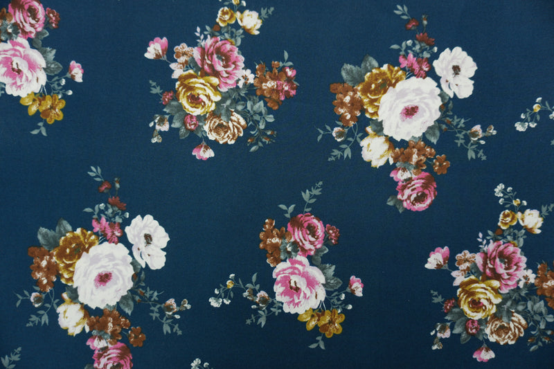 Deep Tea-Multi Poly Floral Double Brushed Jersey Knit Fabric