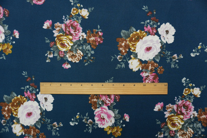 Deep Tea-Multi Poly Floral Double Brushed Jersey Knit Fabric