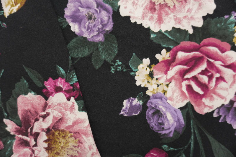 Black-Purple-Multi Poly Floral Double Brushed Jersey Knit Fabric