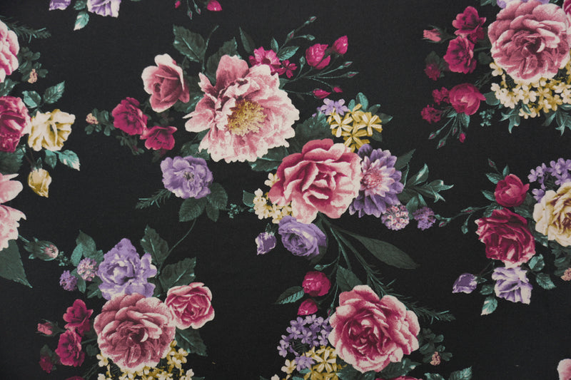 Black-Purple-Multi Poly Floral Double Brushed Jersey Knit Fabric