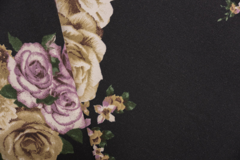 Black-Brown-Purple Poly Floral Double Brushed Jersey Knit Fabric