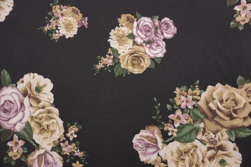 Black-Brown-Purple Poly Floral Double Brushed Jersey Knit Fabric