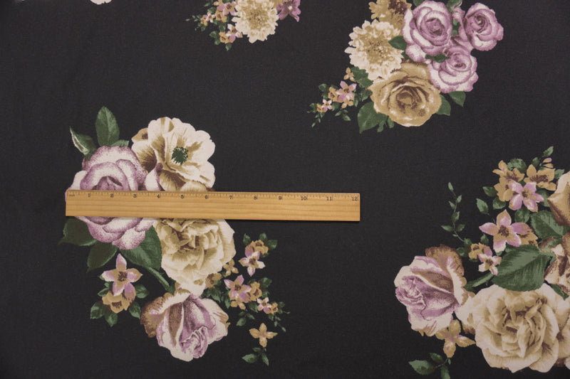 Black-Brown-Purple Poly Floral Double Brushed Jersey Knit Fabric