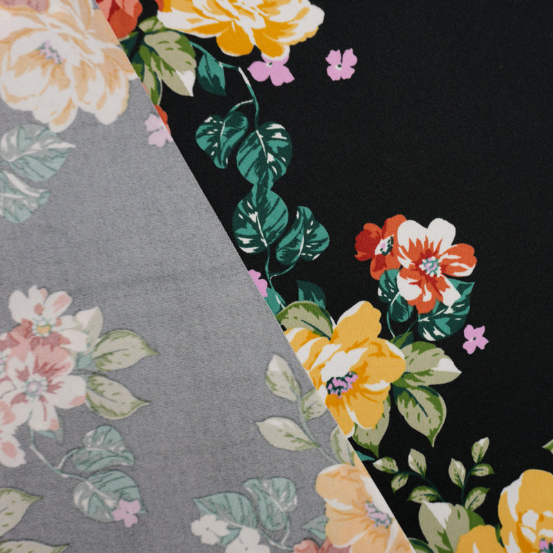 Black-Orange-Multi Poly Floral Double Brushed Jersey Knit Fabric
