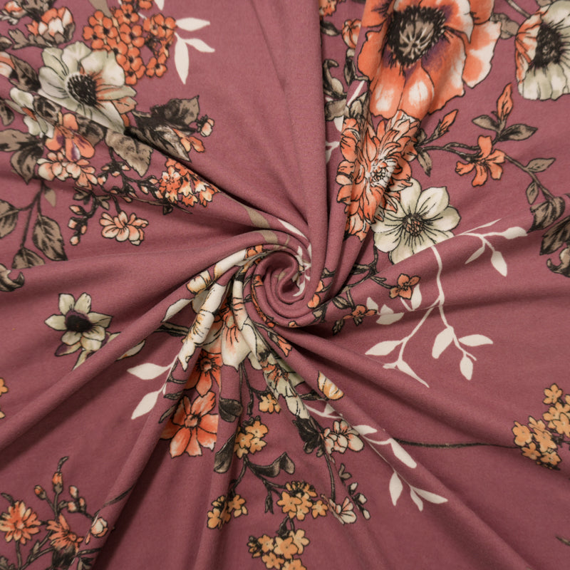 Purple-Coral-Multi Poly Floral Double Brushed Jersey Knit Fabric