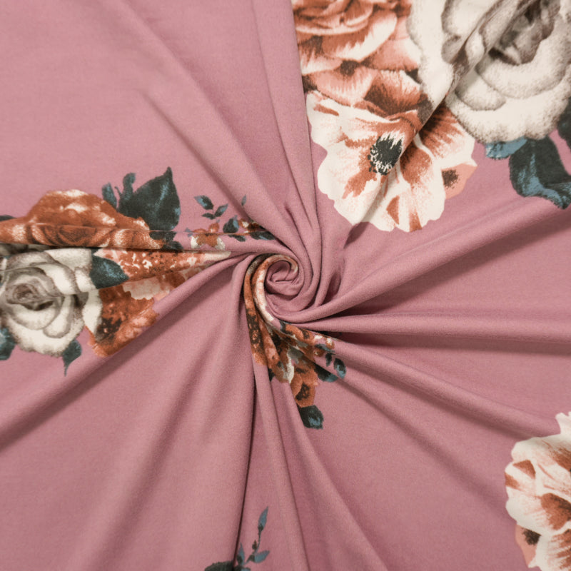 Purple Poly Spandex Floral Printed Double Brushed Jersey Knit Fabric