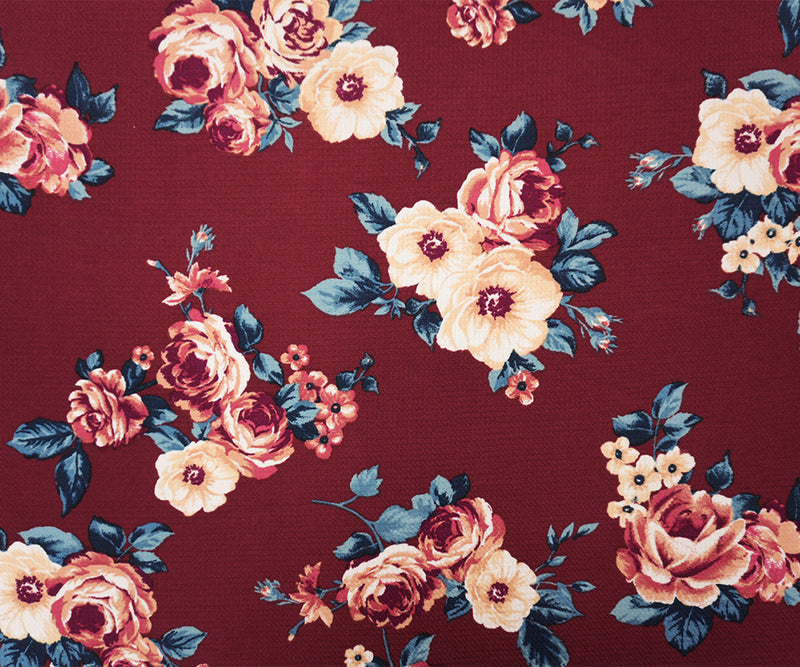 Red-Multi Poly Stretch Floral Bullet Double Knit Fabric