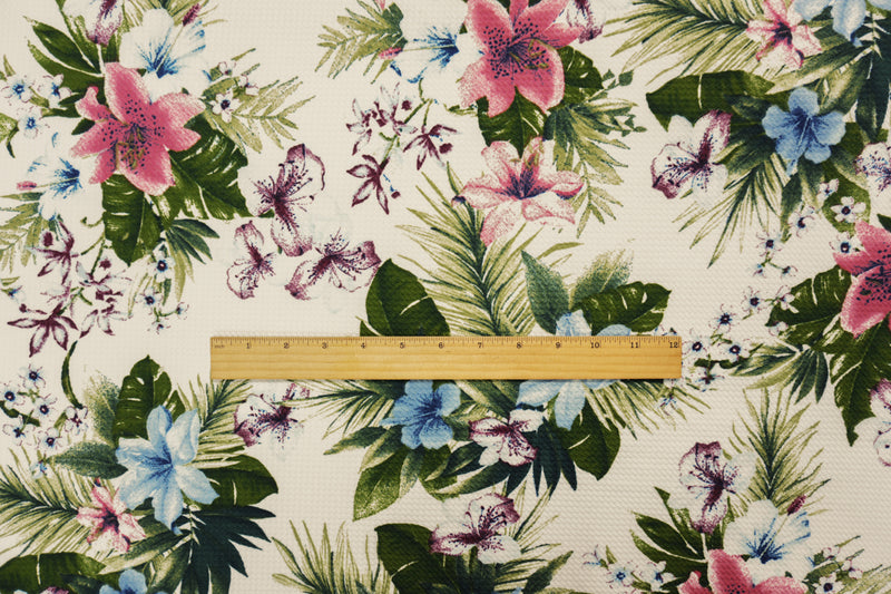 Green-Pink-Multi Poly Stretch Floral Bullet Double Knit Fabric