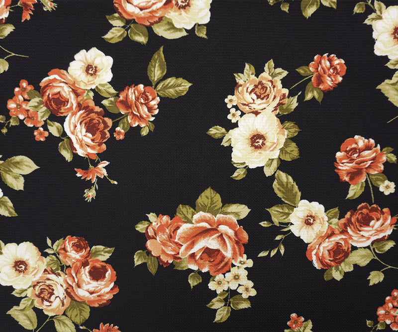 Black-Yellow Poly Stretch Floral Bullet Double Knit Fabric