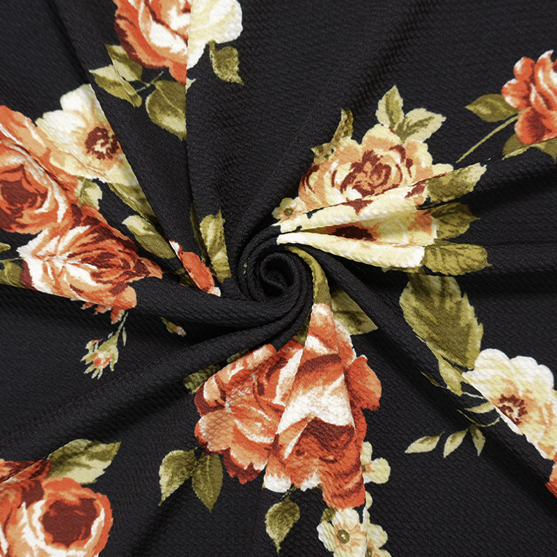 Black-Yellow Poly Stretch Floral Bullet Double Knit Fabric