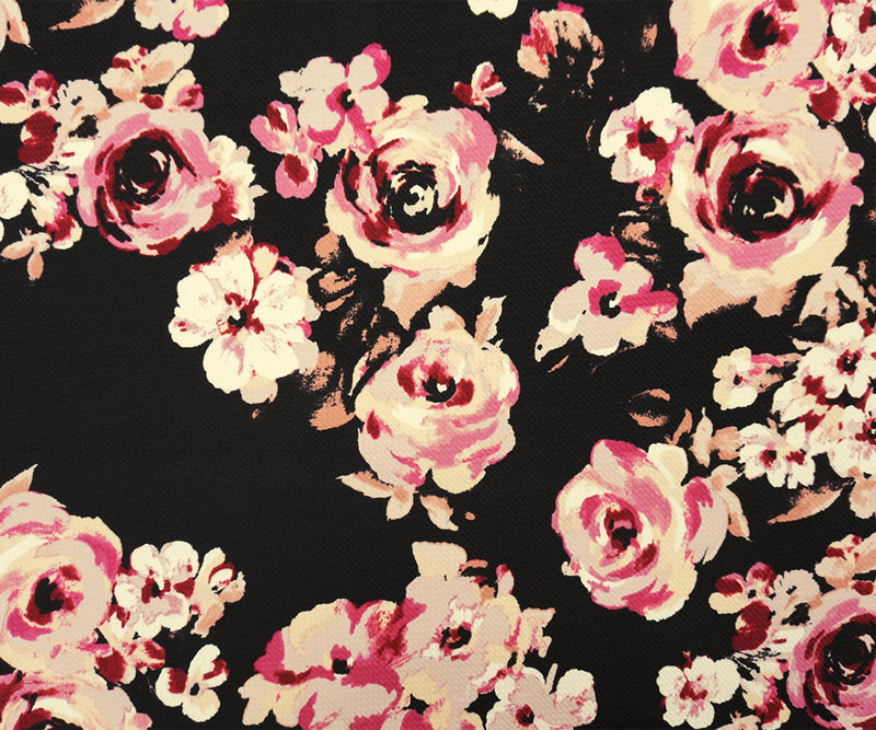 Black-Pink Poly Stretch Floral Printed Bullet Double Knit Fabric